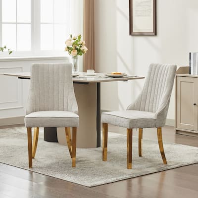 Rayon Flocking Chenille Dining Chairs, Comfy Upholstered, Golden Stainless Steel Legs, Set of 2 - Kitchen/Dining Accent Chairs