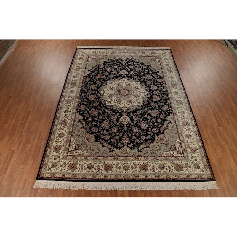 Black Aubusson Chinese Vintage Large Rug Hand-Knotted Wool Carpet - 10'3" x 14'1"