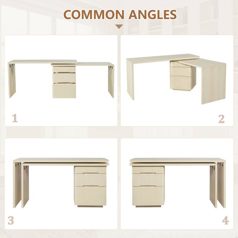 Merax 360 Modern L-Shape Rotating Desk with 3 Drawers and Space-Saving Convertible Workstation