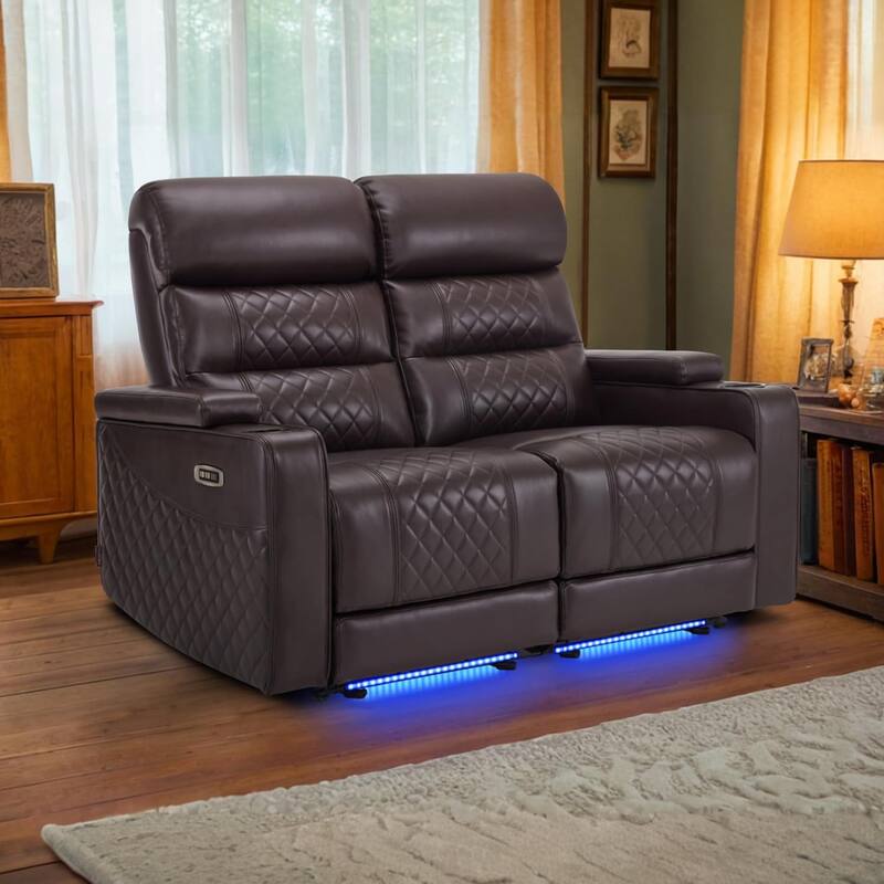 MCombo Power Reclining Loveseat Sofa with Adjustable Headrests, Home Theater Seating with Armrest Storage, Faux Leather HTS470 - Brown