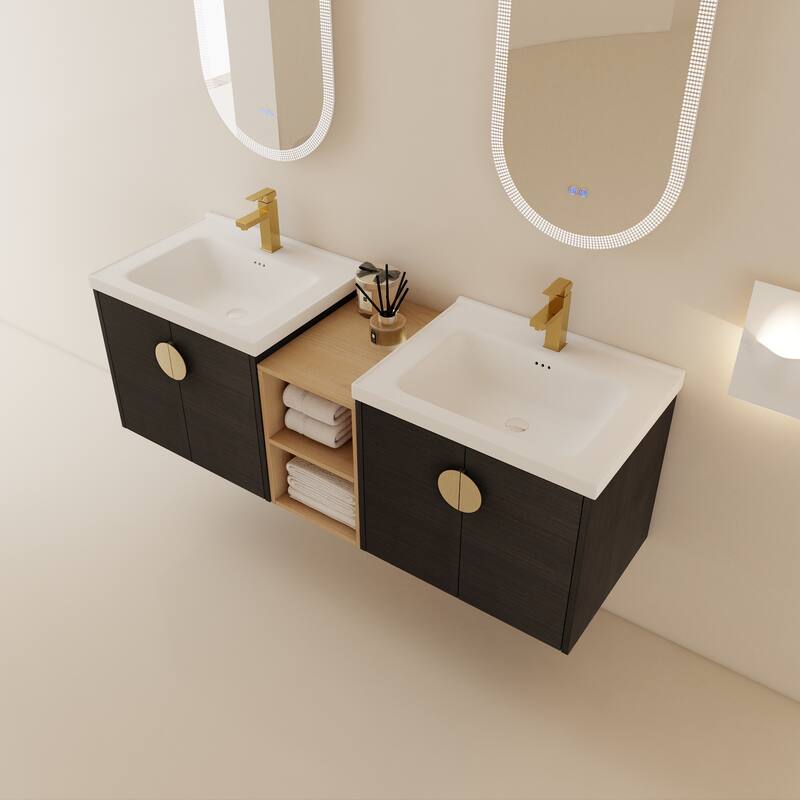 59.6-Inch Wall-Mounted Vanity with Scratch-Resistant Plywood Base and Two Ceramic Basins - 59.6in L