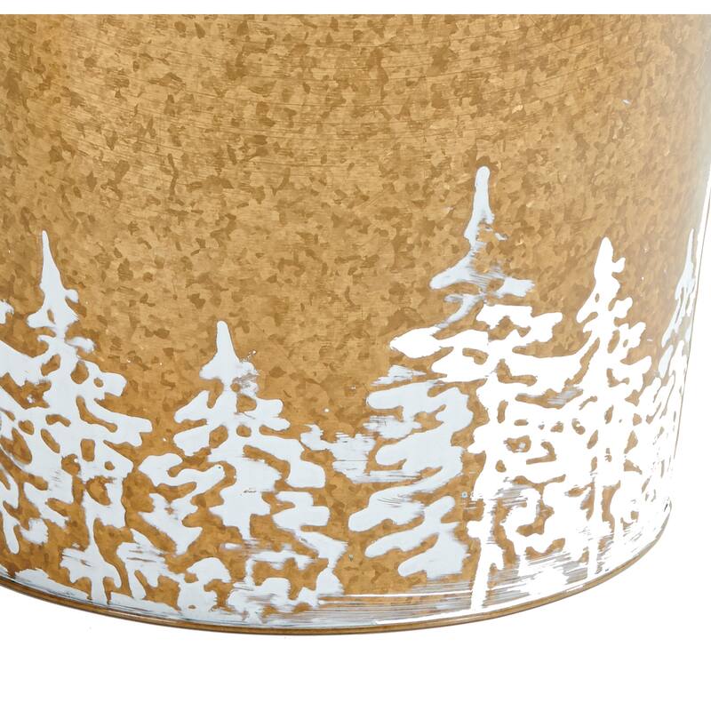 Gold Galvanized Metal Christmas Planter Bucket with Tree Design, 7.5" Height, 7" Diameter, Set of 2 - 7.5