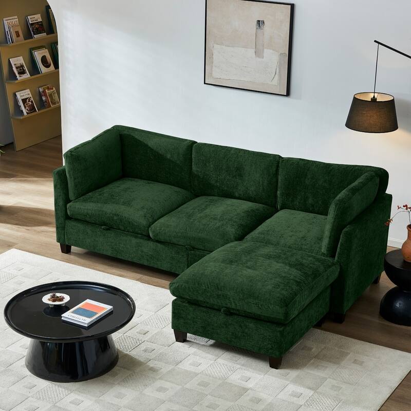 96.5" L-Shaped Chenille Sectional Sofa with Storage and Movable Ottoman