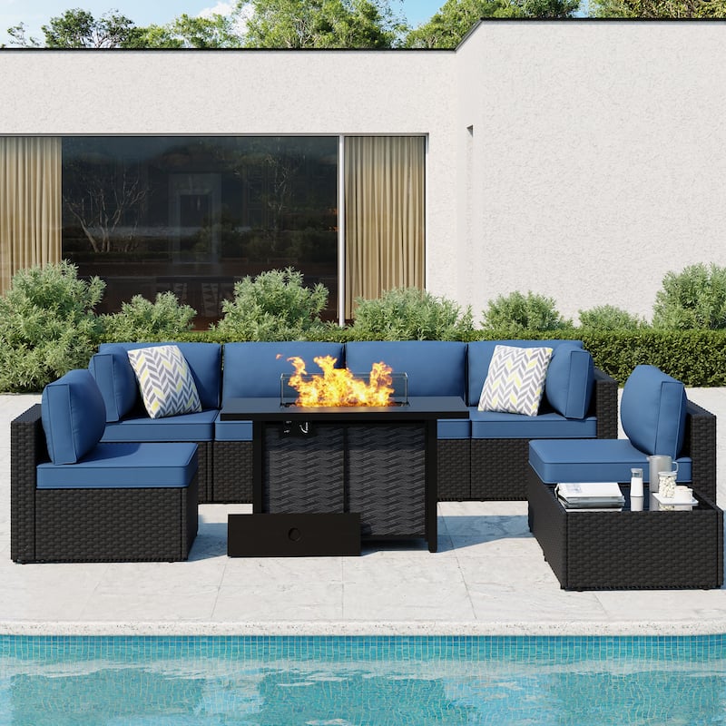 8-Piece Outdoor Patio Wicker Conversation Set with Fire Pit Table, Sectional Sofa & Cushions - N/A - NavyBlue/Black
