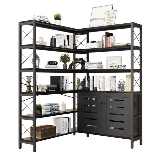 6-Shelf Corner Bookshelf, Vintage Industrial with Storage Cabinet, Large Bookcase Wooden - 6 Tier - Black
