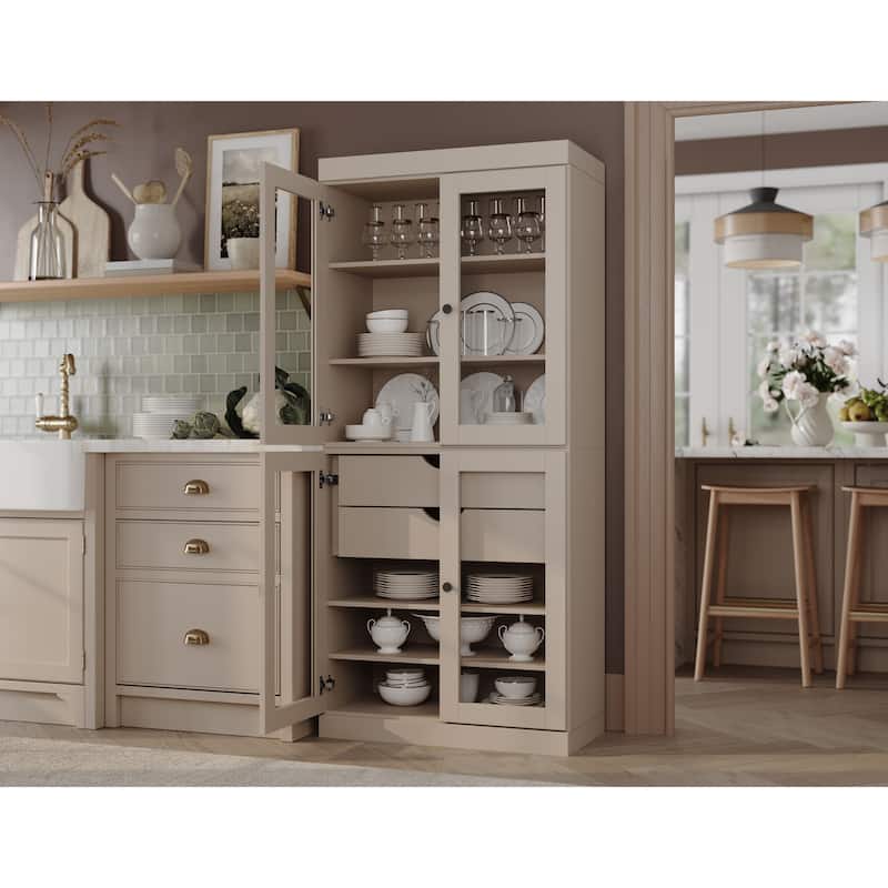 Palace Imports 100% Solid Wood Pantry Cabinet with Frosted, Clear Glass or Solid Doors, 2-Drawers and Adjustable Shelves