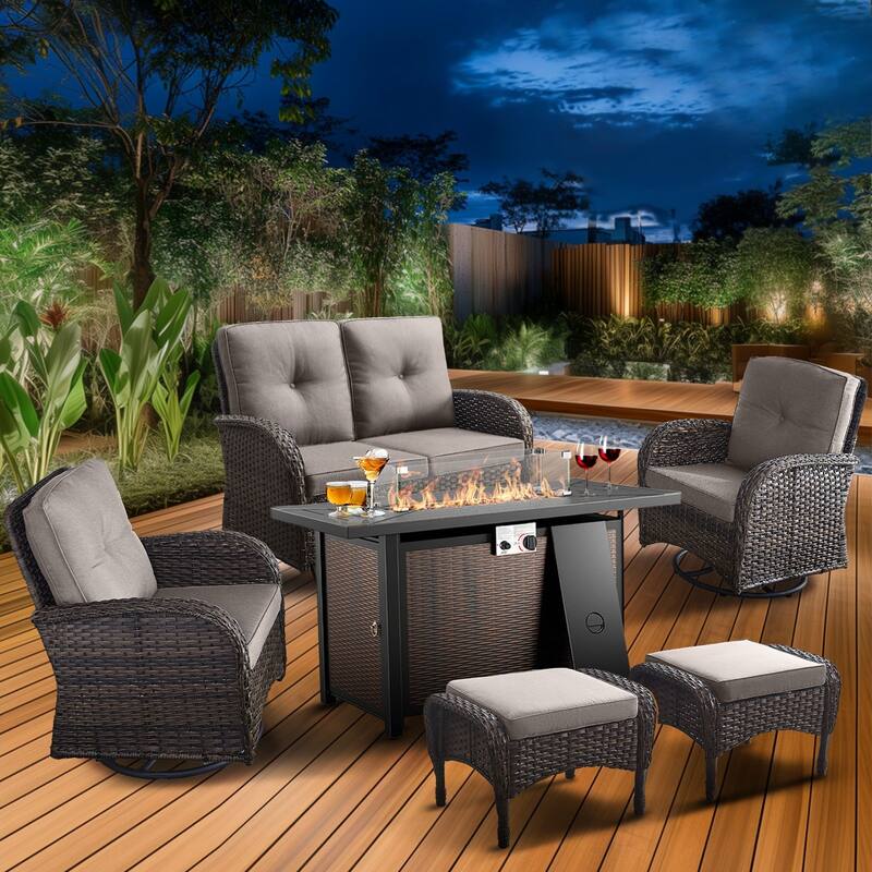 Pocassy Outdoor Fire Pit Conversation Sofa Set - Brwon Wicker Grey Cushion - 7PCS Fire Table w/ Loveseat Swivel Chair Ottoman