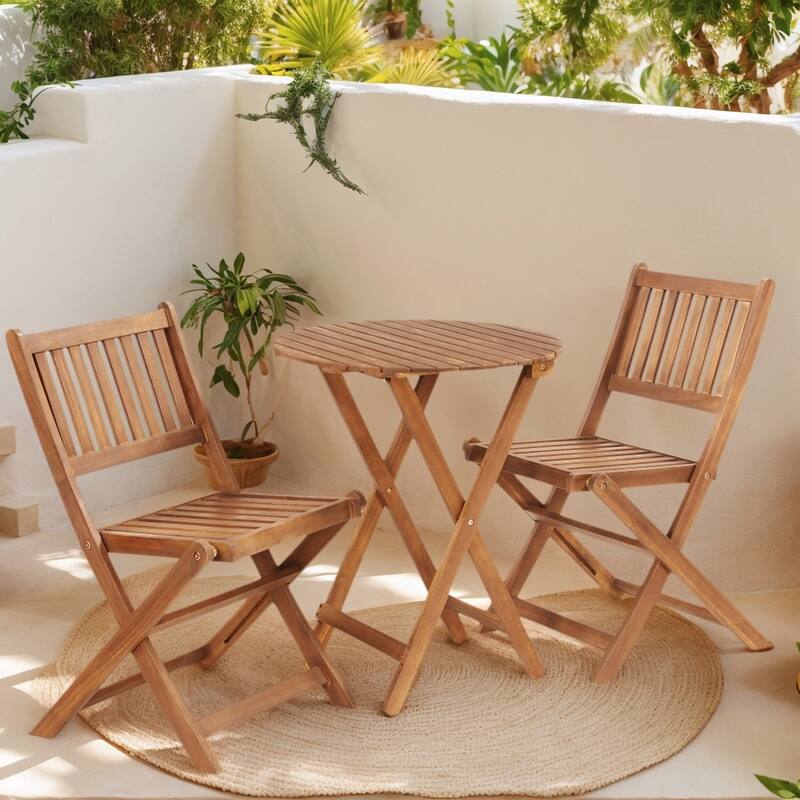 Acacia Wood Bistro Set with 2 Folding Chairs & Round Table, 3-Piece