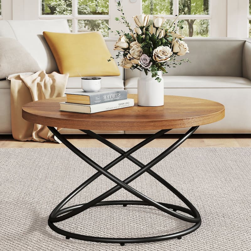 Tempered Glass Top Round Coffee Table with Metal Base