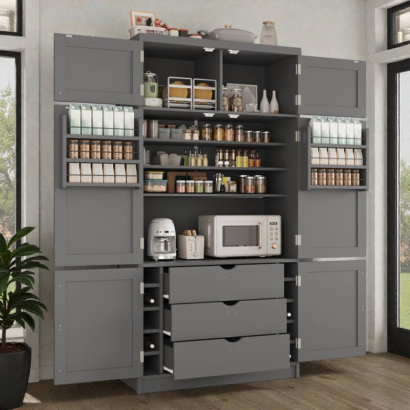 80.1'' Tall Kitchen Pantry Cabinet, Shaker Storage Cupboard w/ Power Outlets, Drawers, Wine Rack, Adjustable Shelves