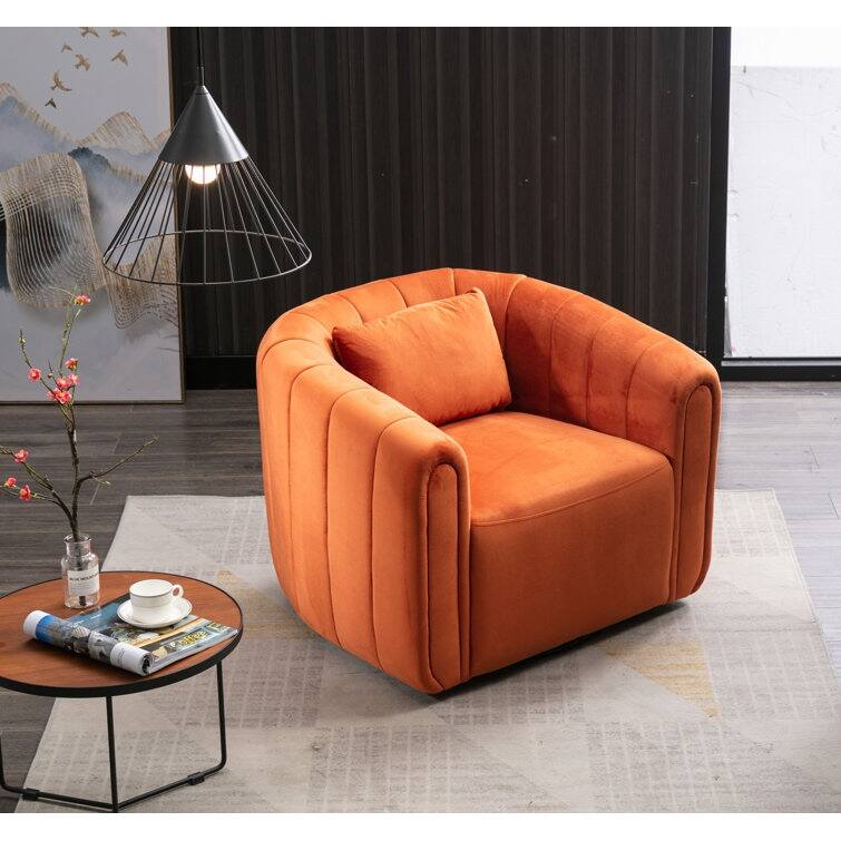 Ebello Oversize Velvet Swivel 360° Rotation Barrel Comfy Round Armchair With Pillow For Living Room Bedroom - Orange
