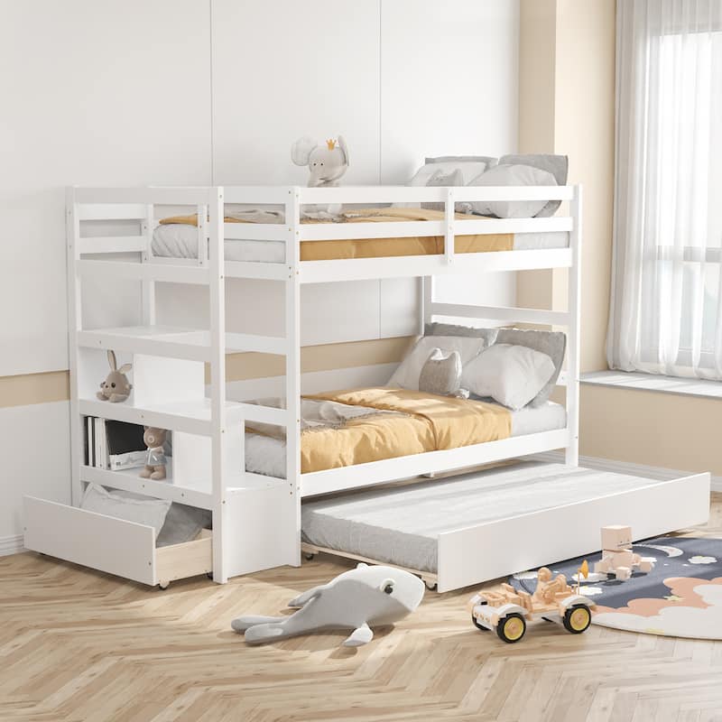 Costway Twin Over Twin Bunk Bed with Trundle Stairway and Storage - 39'' x 75''