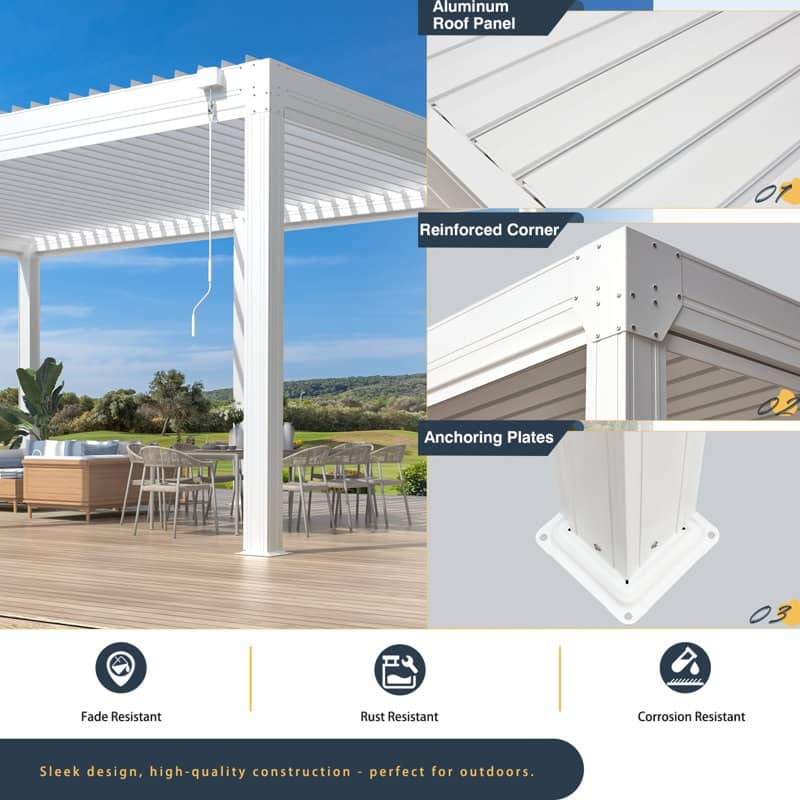 EROMMY Outdoor Louvered Pergola Gazebo with Adjustable Aluminum Rainproof Roof and Pull-Down Screen