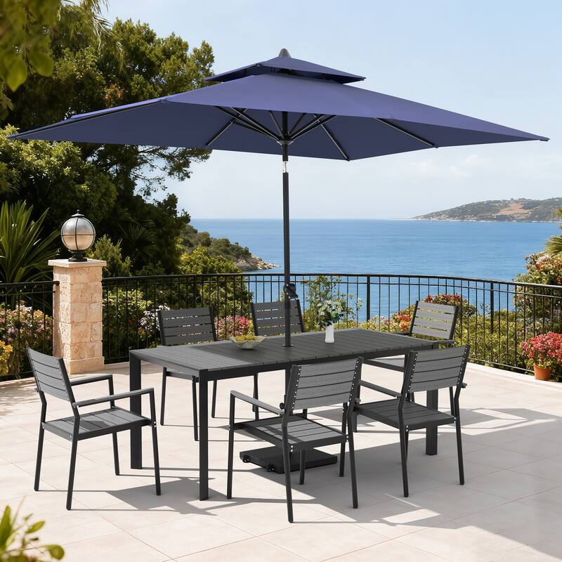 Set of 9 Outdoor Patio Dining Set WoodLike Aluminum Umbrella Hole Table with Stackable Armchairs, Double Top Market Umbrella Set - GreyTable&GreyChairs&NavyBlueUmbrella