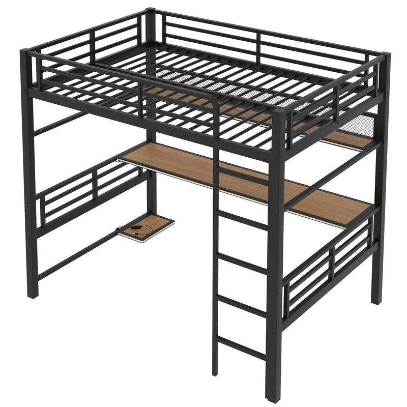 Full Size Metal Loft Bed with Storage Shelf, LED Light, and Built-in Desk