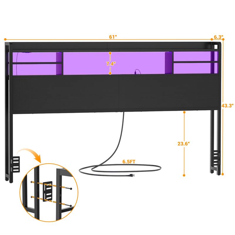 Storage Headboard with USB Port and Power Outlet, Head Board with LED Light for Bed Frame