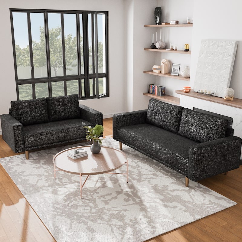 Furniture of America Isidora Contemporary Boucle Sofa Set with Back Pillows and Wooden Legs, 2-Piece or 3-Piece Options - Black - 2 Piece
