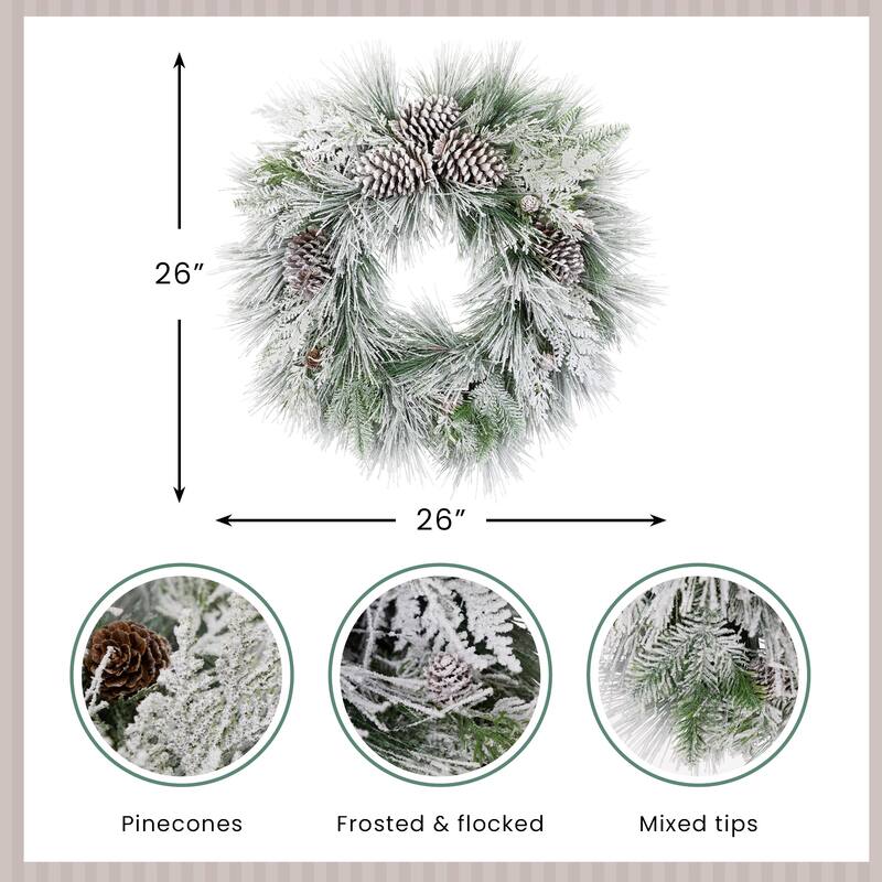 Snowy Long Needle Pine and Pinecone Artificial Christmas Wreath - 26" - Unlit