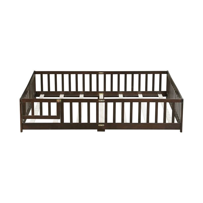 Queen Size Floor Bed with Fence,Door,Rubber Wood Floor Bed with Safety Guardrails