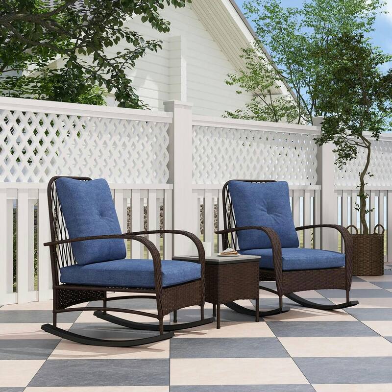 3-Piece Wicker Patio Set with Rocking Chairs, Glass-Top Coffee Table - Brown