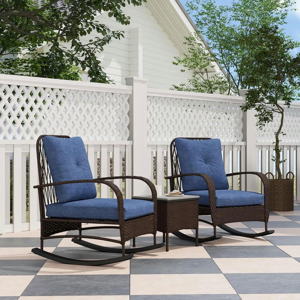 3-Piece Wicker Patio Set with Rocking Chairs, Glass-Top Coffee Table