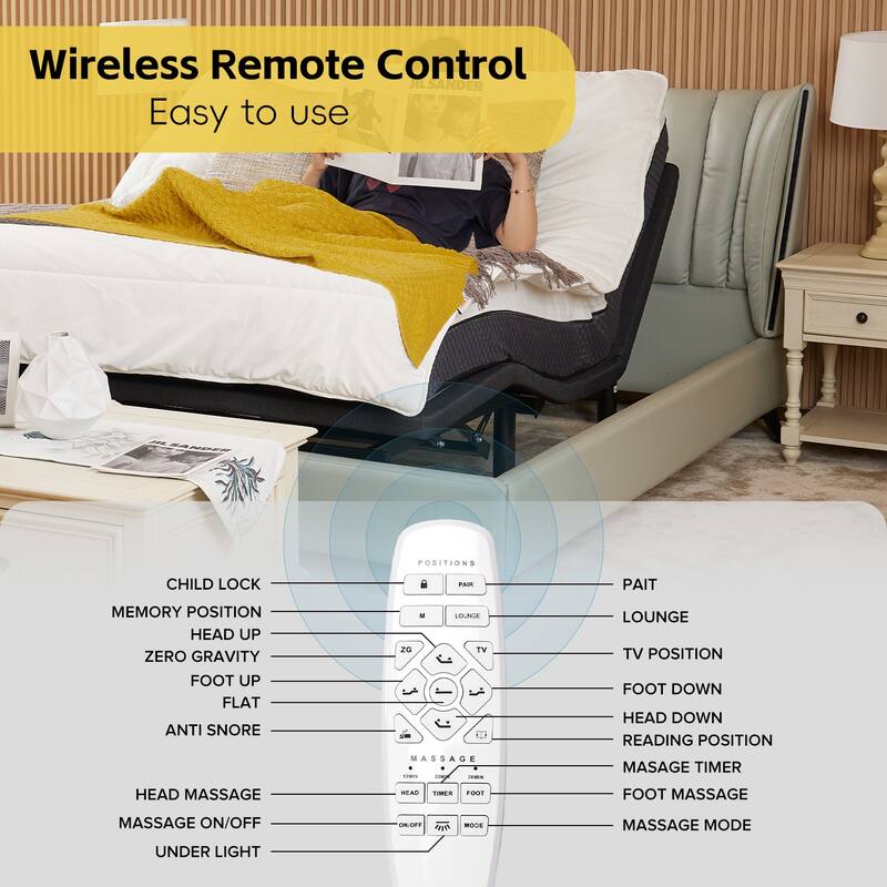 Ergonomic Queen Size Adjustable Bed, Zero Gravity Base for Stress Management w/Head and Foot Incline