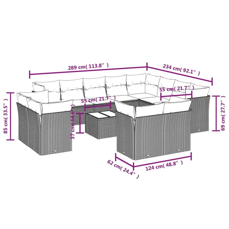 vidaXL Patio Sofa Set with Cushions Outdoor Conversation Furniture Poly Rattan - 21.7" x 24.4" x 27.2"