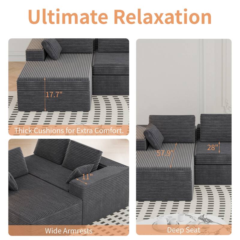 Modland 108”L-Shaped Modular Corduroy Couch with Deep Seats Comfy Sectional Sofa for Living Room