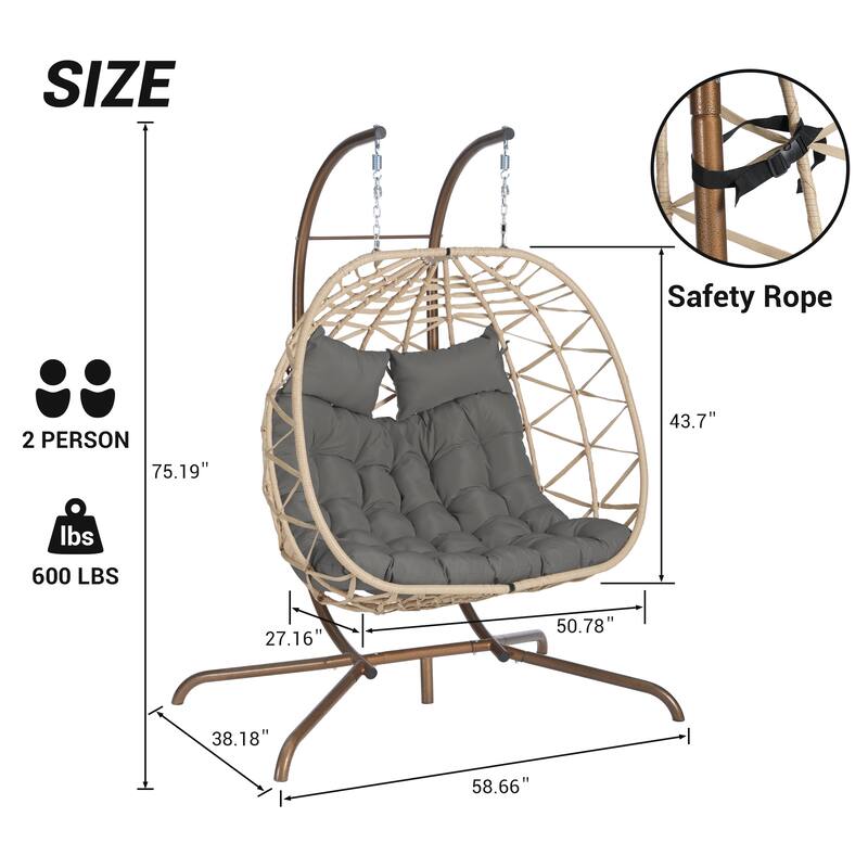Double Rattan Egg Chair with Stand and UV-Resistant Cushions and Iron Frame - Outdoor Hanging Swing (600lb Capacity)