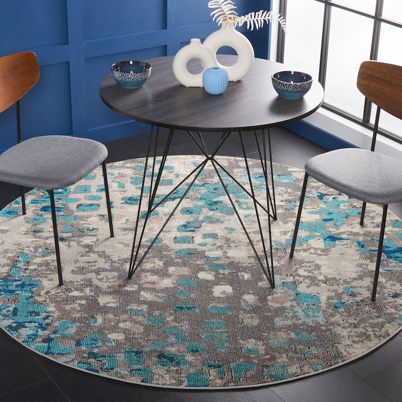 SAFAVIEH Monaco Panna Boho Abstract Modern Watercolor Area Rug - 3' Round - Grey/Light Blue