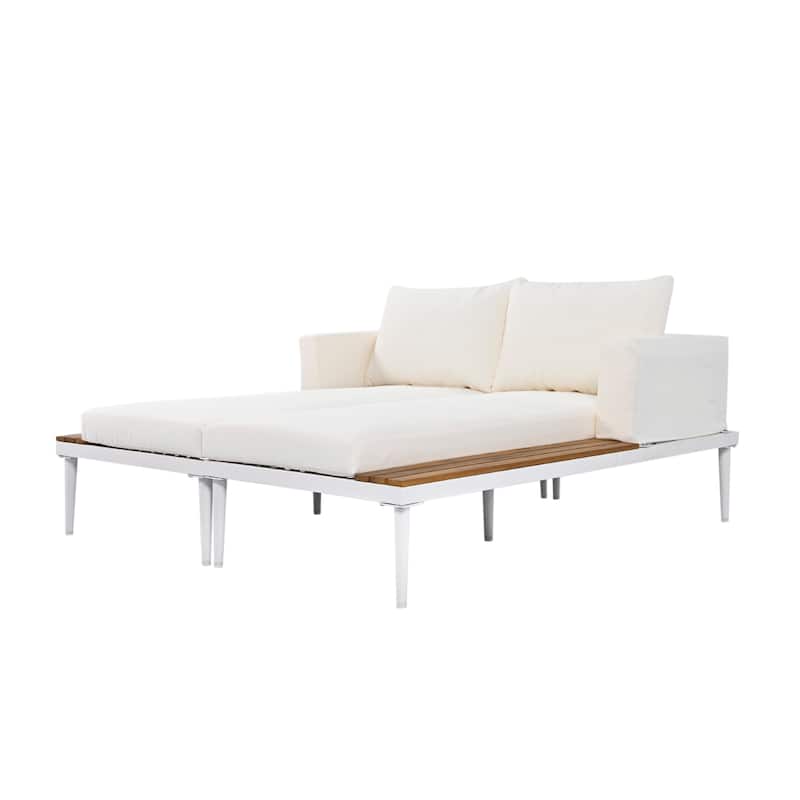 Modern 2-in-1 Outdoor Daybed Padded Chaise Lounges with Cushions and Wood Topped Side Spaces for Poolside Balcony Deck