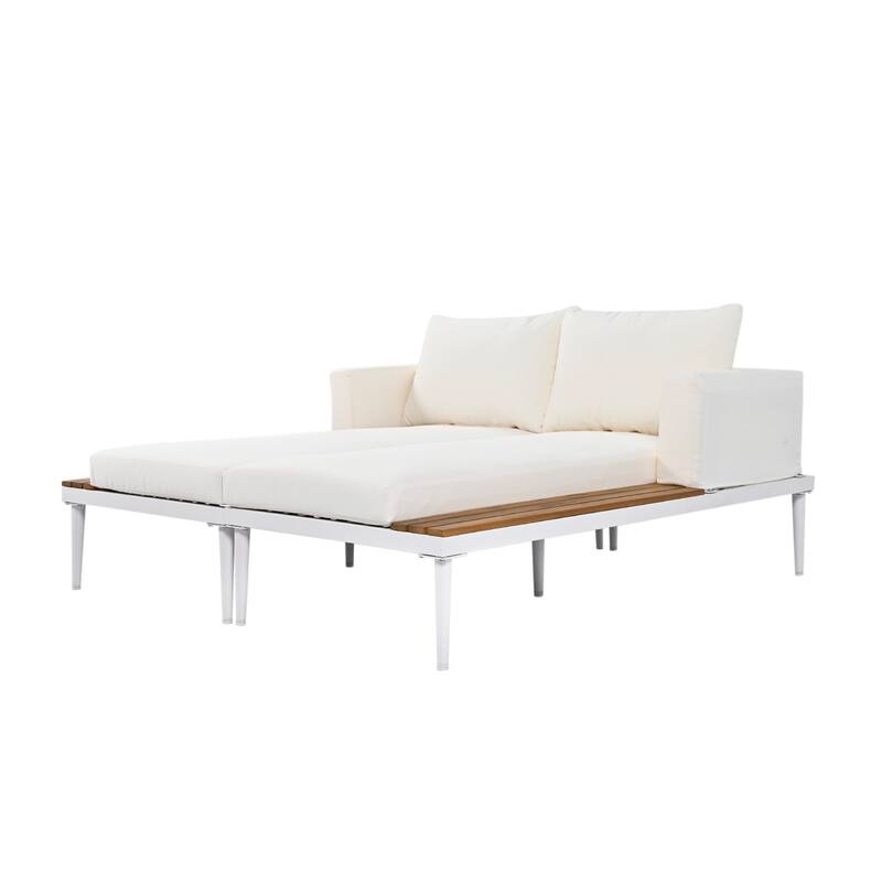 Outdoor Patio Daybed with Acacia Wood Topped Side Spaces, 2-in-1 Design, Adjustable Leg Supports, and Washable Cushions