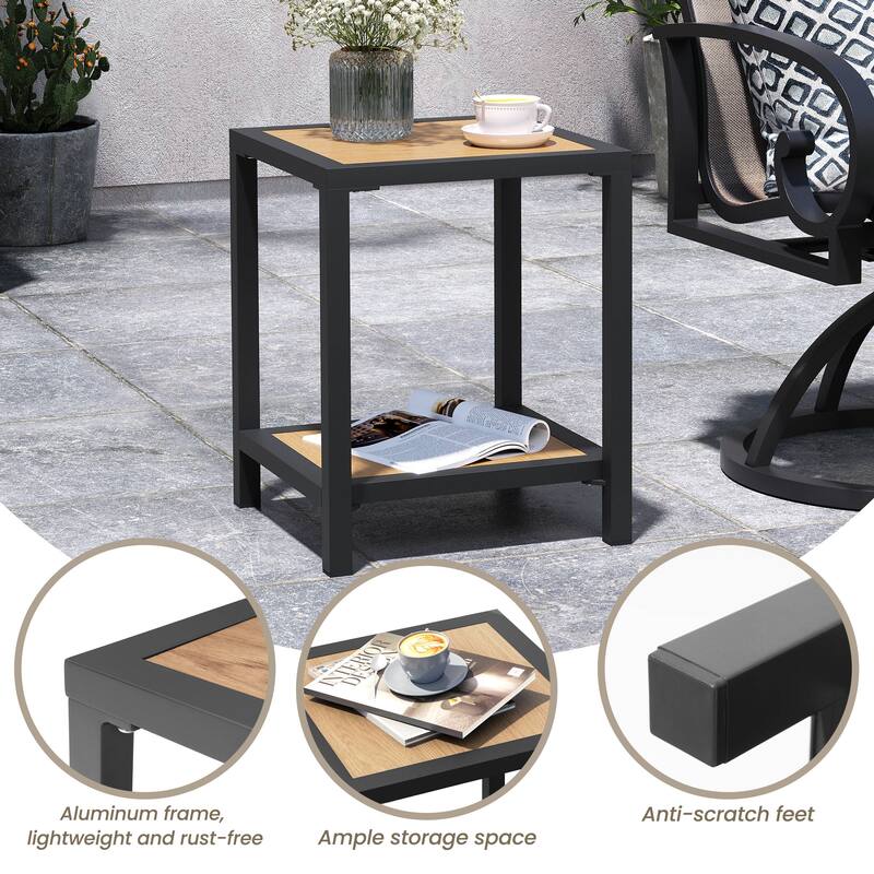 All Weather 2-Tier Patio End Table Outdoor Side Table Aluminum Frame - 15.75" L * 15.75" W * 19.68" H