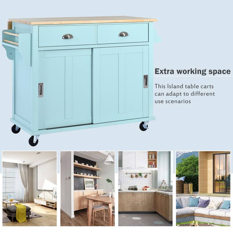 Rolling Kitchen Island with Drop-Leaf Countertop, Adjustable Shelves, 2 Drawers & Sliding Barn Door - Mint Green
