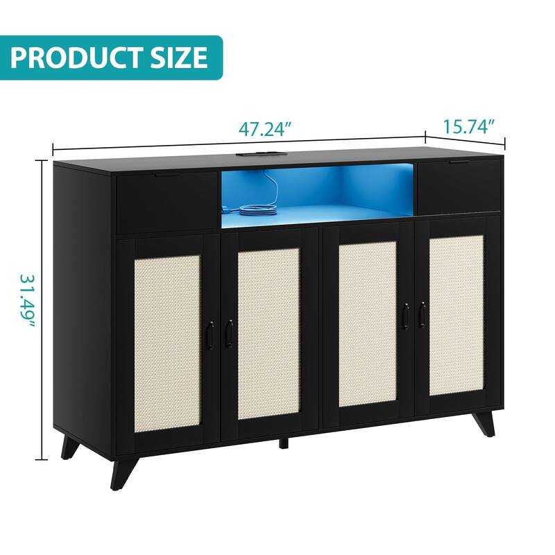 Sideboard Buffet Cabinet, 4 Rattan Doors 2 Drawers Accent Storage Cabinet