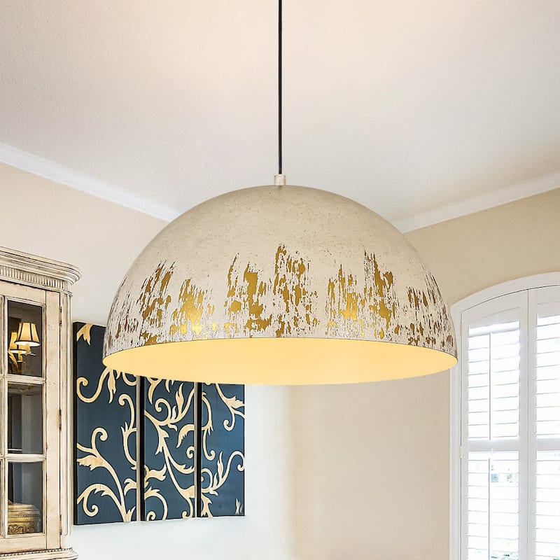 European Artisanal Antique Gold Patina Iron Oversized Dome Pendant - Ivory