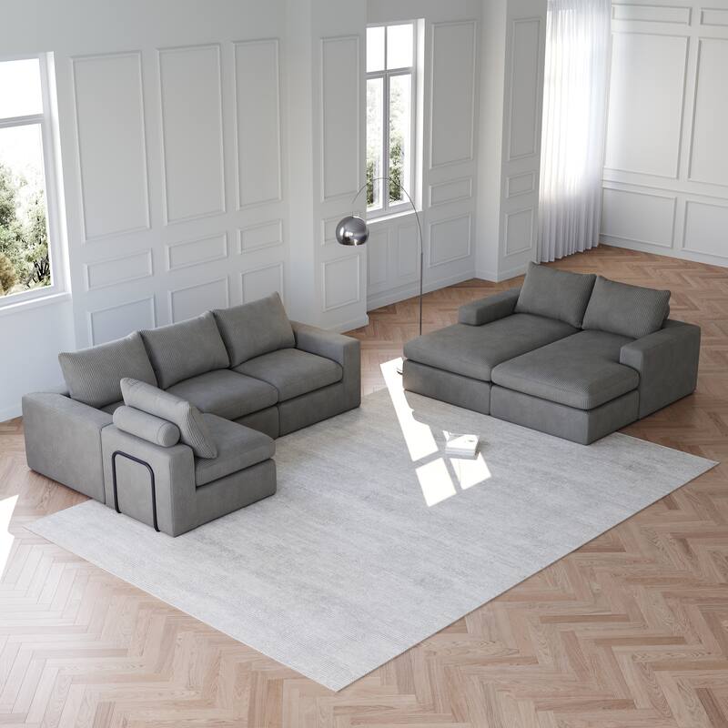 Roomfitters Modern 3-Seater Corduroy Cloud Sectional Sofa with Chaise, L-Shaped Boneless Couch with Pillows