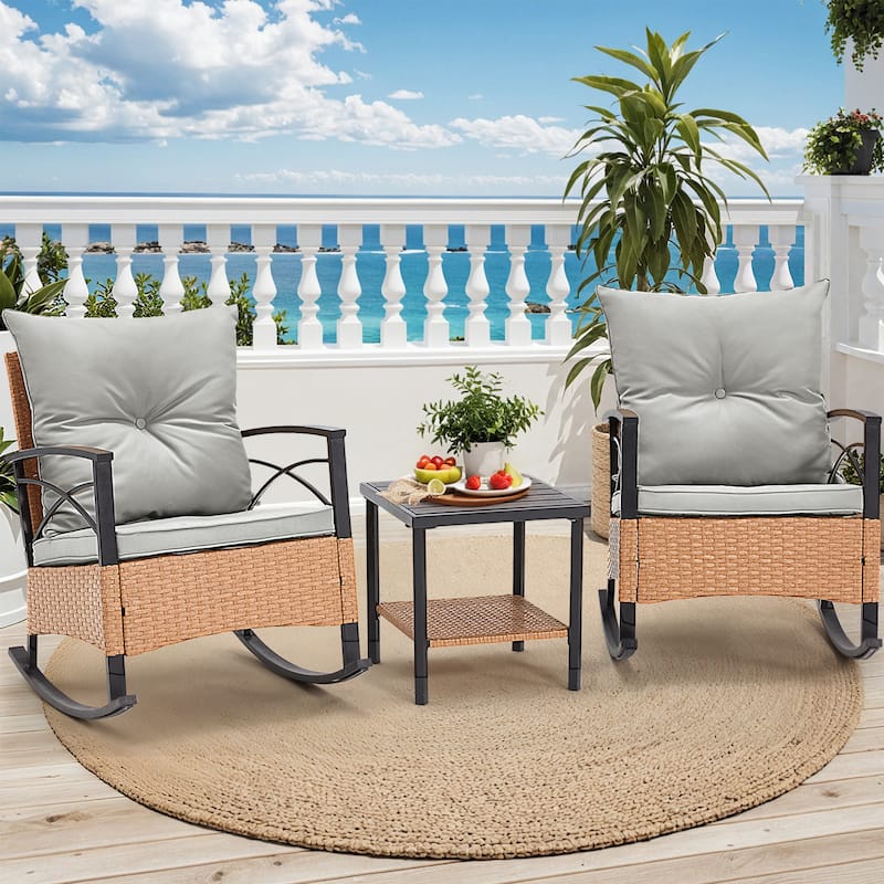 EROMMY 3-Piece Outdoor Rocking/Swivel Chair Set - PE Rattan Patio Furniture with Cushions & Coffee Table, Rocker Chairs