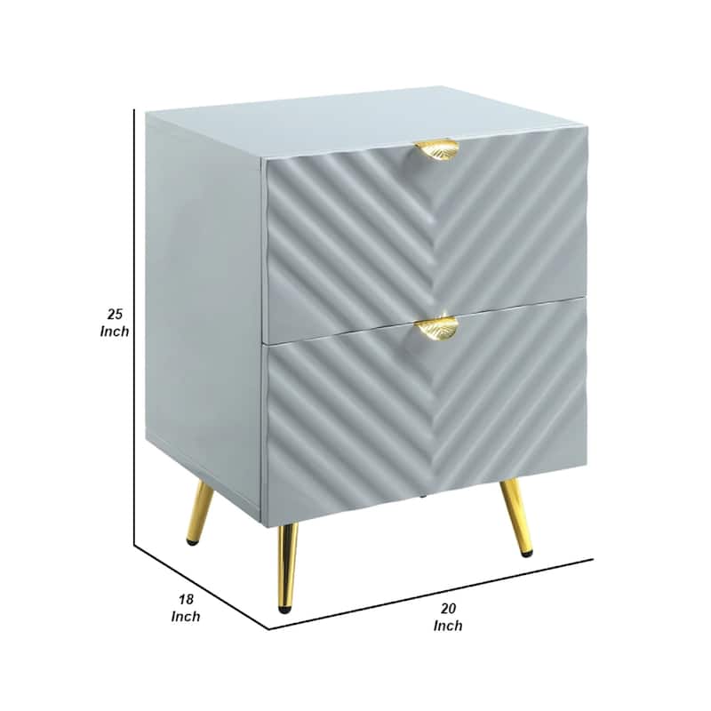 Tyra 25 Inch Wood Nightstand, Textured Wavy Design, Gold Metal Legs, Gray