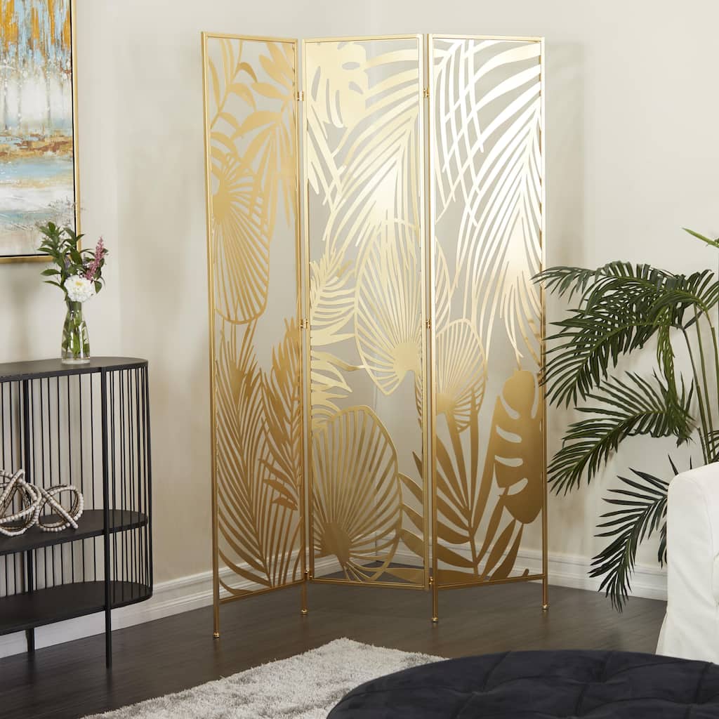 Gold Metal Foldable Partition Cutout Palm Leaf 3 Panel Leaf Partition Room Divider Screen