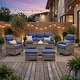 preview thumbnail 82 of 189, Pocassy Outdoor Wicker Sofa with Swivel Chair Fire Pit Table Furniture Set. Gray Wicker & Blue Cushion - 6 Pieces Sofa Chair Ottoman with Fire Table