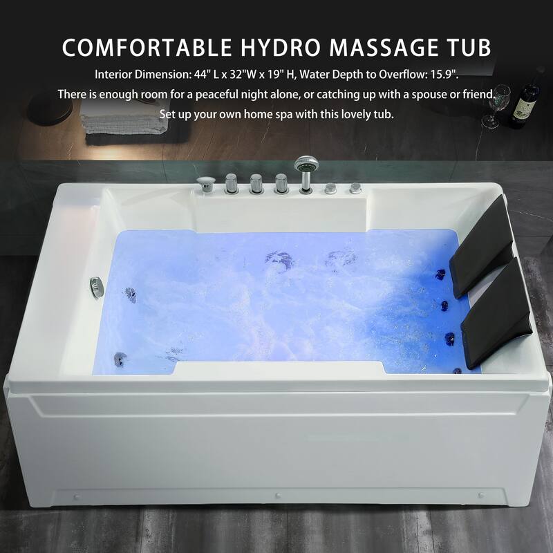 72 in. x 48 in. Left Drain Alcove Whirlpool Bathtub Lighted Rectangular Hydrotherapy Jetted Soaking Bath Tub in White