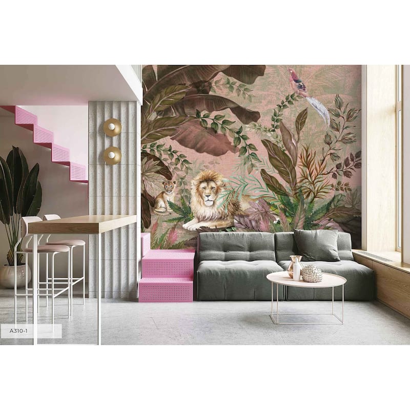 Luxurious Jungle Safari Wallpaper Mural Lions and Tropical Foliage