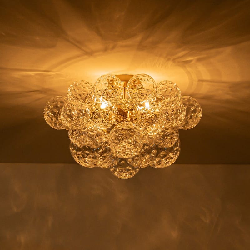 Mid-Century Water Hammered Glass Globe Cluster Bubble Semi Flush Mount