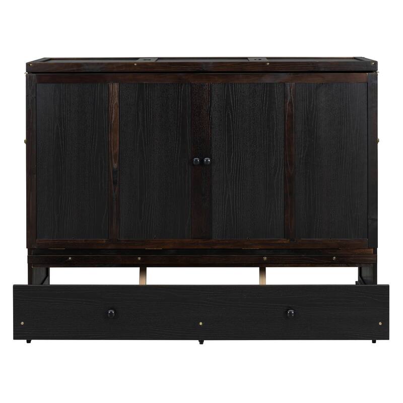 Queen Size Murphy Bed with USB Port and Large Drawer, Space-Saving Design, No Box Spring Needed, Espresso Finish