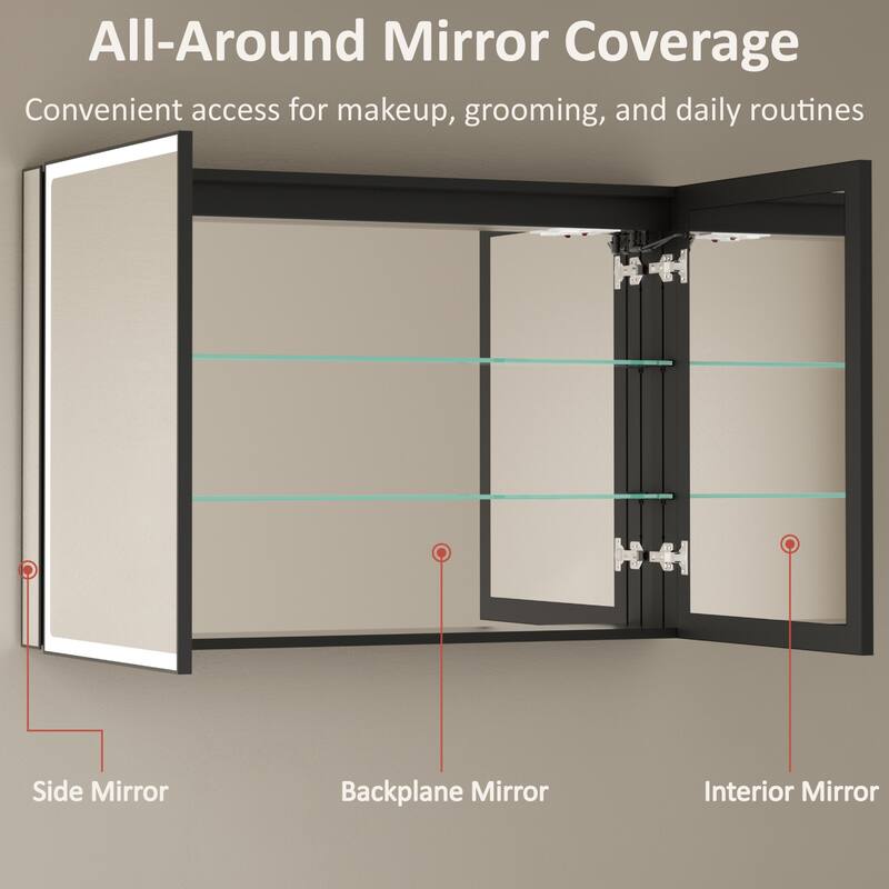 Grand Aluminum Medicine Cabinet with Mirror, Adjustable Shelves, Dimmable Light, Anti-Fog, Recessed or Wall Mount