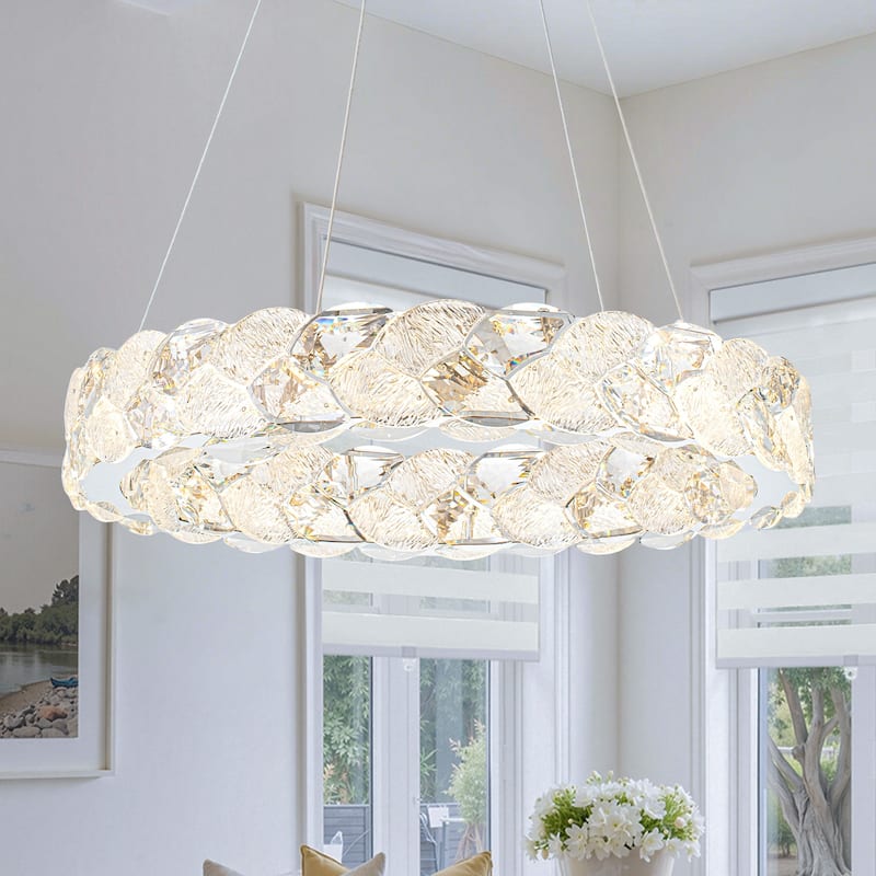 Ring Chrome LED Chandelier Textured Clear & Frosted Crystal Panels - Dia.19.69-in