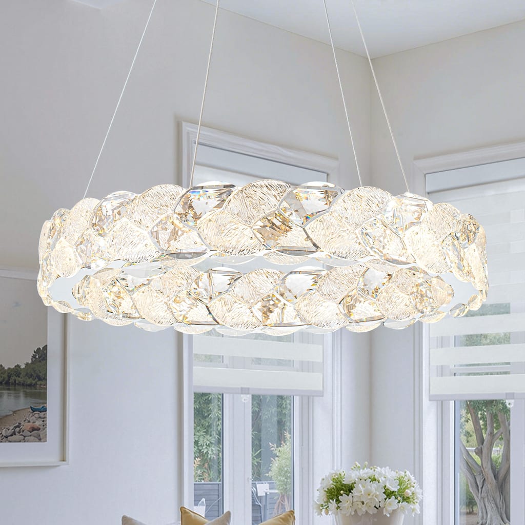 Ring Chrome LED Chandelier Textured Clear & Frosted Crystal Panels - Dia.19.69-in