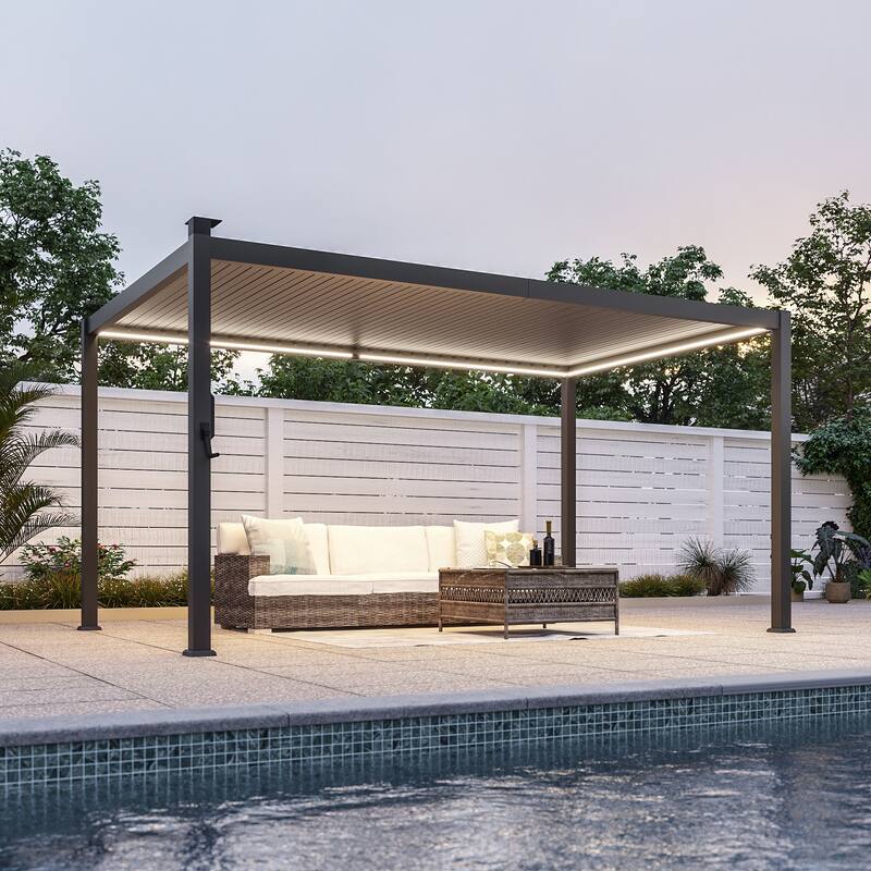 Outdoor Metal Solar LED Louvered Pergola with Adjustable Roof - 9' x 14' - Grey