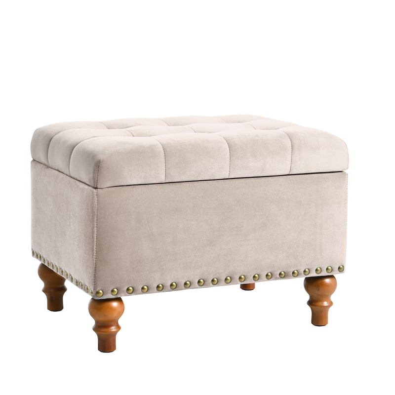 Square velvet upholstered Ottoman with storage space, hidden support hinge with easy to open top, rivet trim around - Pink